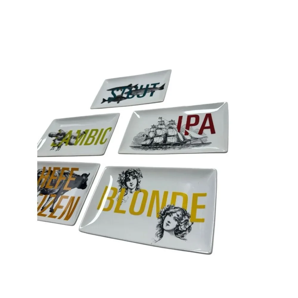 5 CRATE & BARREL CRAFT BEER MICROBREW CERAMIC APPETIZER DESSERT BARWARE PLATES